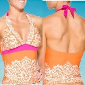 Athleta Taj Halter Tankini Top Orange White & Pink